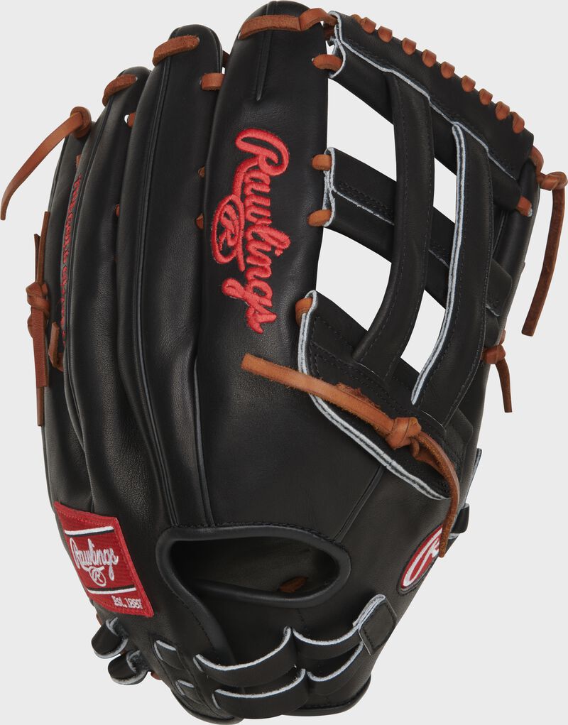 Back of a black Heart of the Hide 14" H-web slowpitch glove with a pull strap back - SKU: RPRO140SP-6B