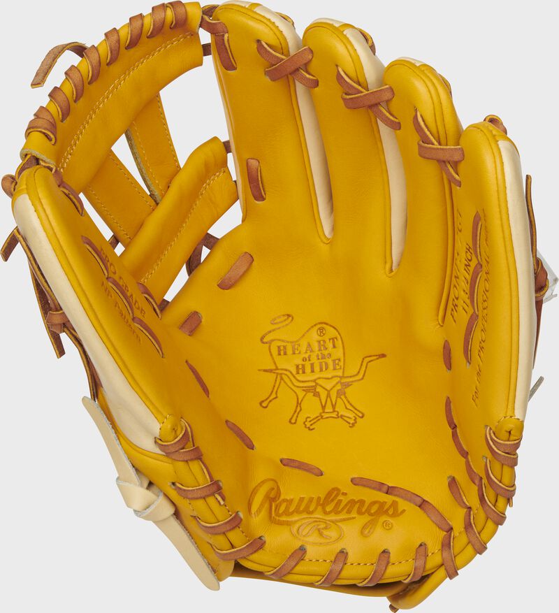 PRONP5-7GT Rawlings Heart of the Hide infield glove with a gold tan palm, gold tan web and tan laces
