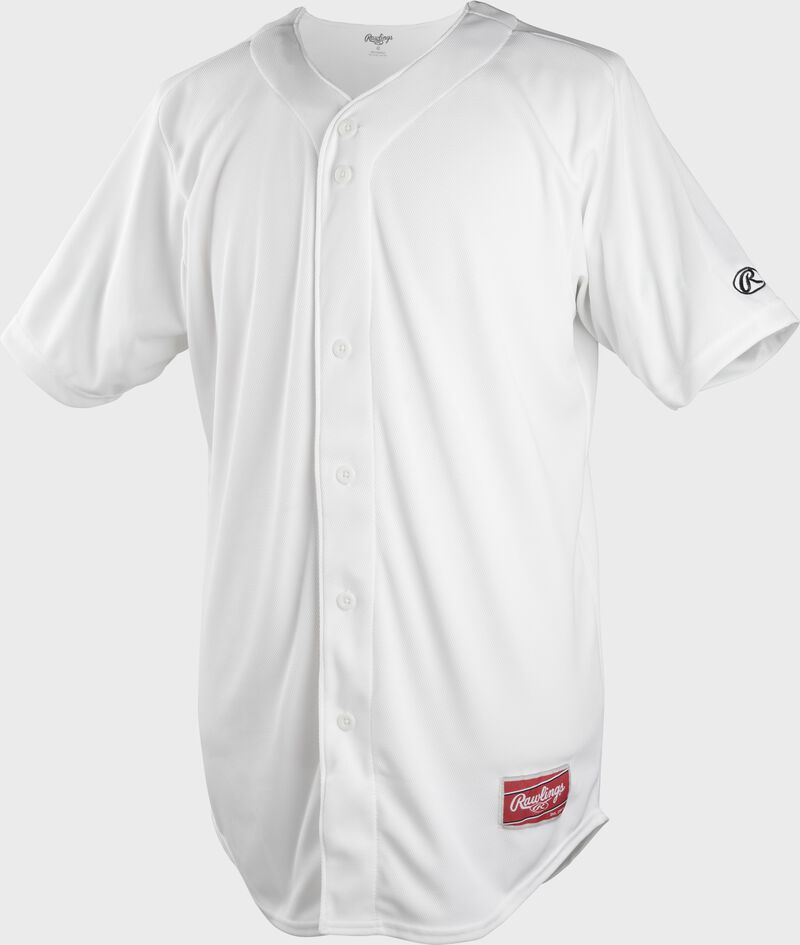 A white full button-up Rawlings adult short sleeve jersey - SKU: KLR121-W