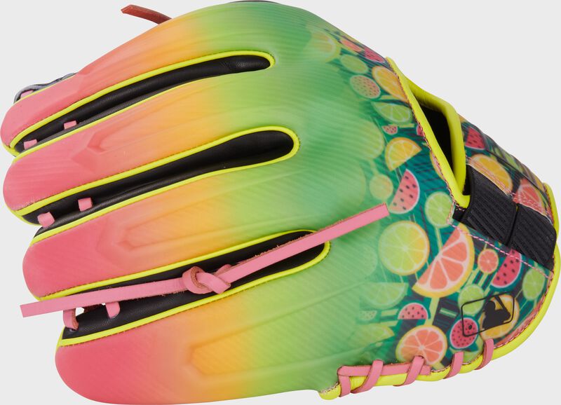 Pink/yellow/green back of a REV1X Summer Fresh infield glove