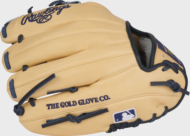 Back of a camel Anthony Volpe Pro Preferred 11.5-Inch Infield Glove with the MLB logo on the pinky