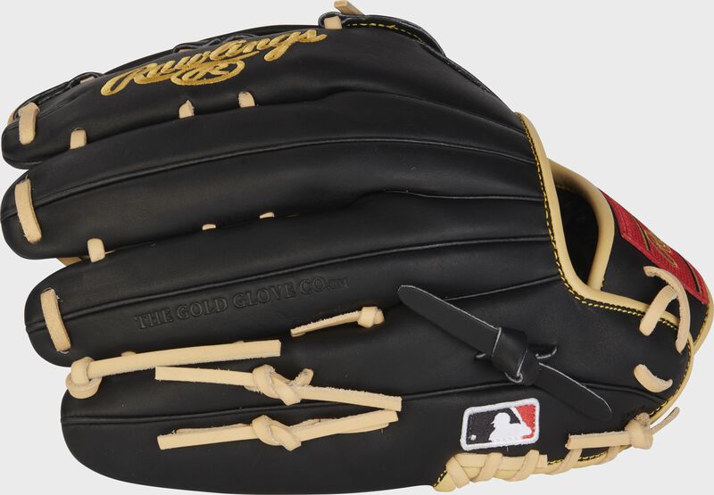 Back of a black Select Pro Series 12.5" outfield glove with the MLB logo on the pinky - SKU: SPS3028-6B