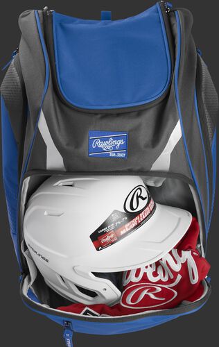 A royal Legion backpack with a helmet and other gear in the main compartment - SKU: LEGION-R