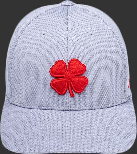 Front of a gray Rawlings Black Clover 'The Shift' fitted hat with a red Clover Leaf logo - SKU: BCR1TS0071
