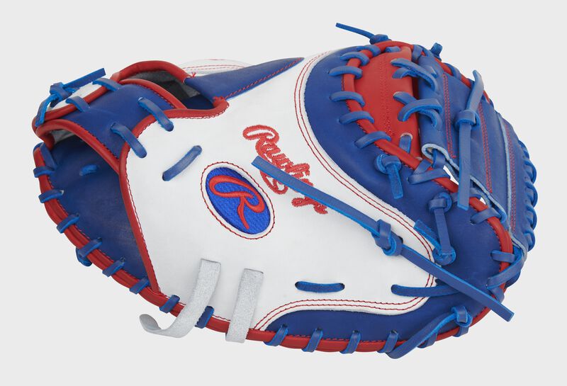White thumb of an exclusive Heart of the Hide 34-Inch catcher's mitt with a royal 1-piece solid web - SKU: PROCM41SWR