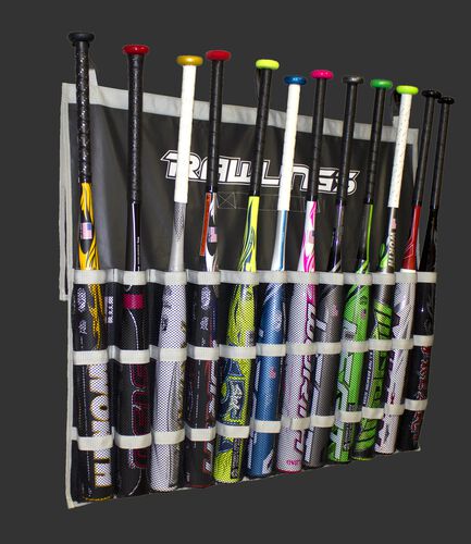 A black Rawlings hanging bat bag filled with 12 bats - SKU: FBB-B