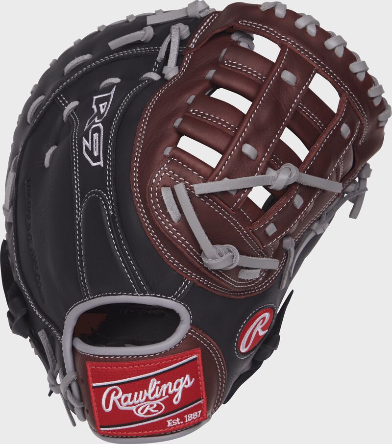 R9FM18BGS 12.5-inch R9 series first base mitt with a black back and dark sherry trim