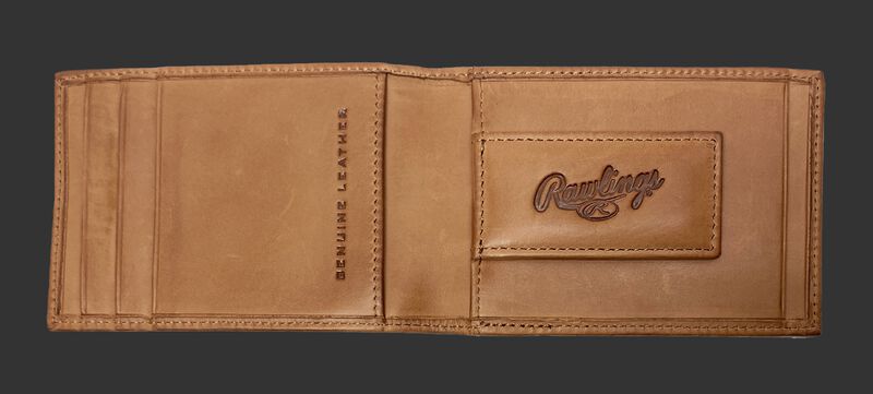 Inside of a tan Rawlings play ball front pocket wallet with a money clip - SKU MW496-204