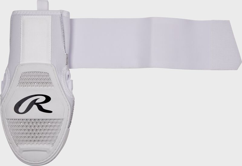 Back of a white sliding mitt with the wrist strap stretched out
