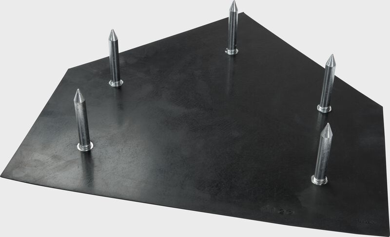 Black bottom of a Rawlings spiked home plate with the 5 metal stakes installed - SKU: 12805000