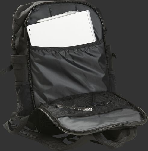 An open black CEO coach's backpack with papers in the back storage compartment - CEOBP-B