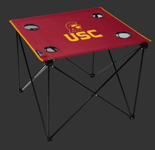 A red NCAA USC Trojans deluxe tailgate table with four cup holders and team logo printed in the middle SKU #00713100111