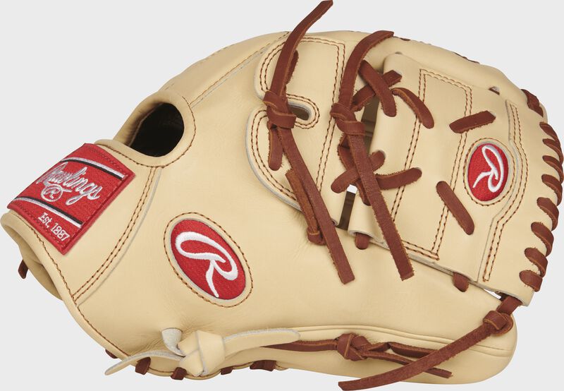 Thumb view of a camel PROS205-9CC 11.75-inch Rawlings Pro Preferred infield/pitcher's glove with a camel two-piece solid web