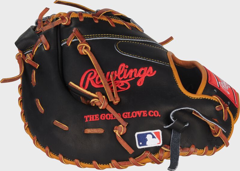 Back of a black Rawlings Gameday 57 Series Paul Goldschmidt Heart of the Hide 1st base mitt with the MLB logo on the pinky