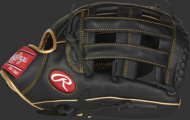 Thumb of a black R9 Series 12.75-inch outfield glove with a black H-web - SKU: R93029-6BG