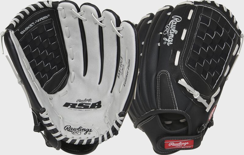 Two images showing the palm & back of a black/gray RSB 14" softball glove