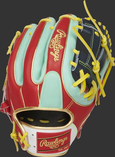 Back of a Kolten Wong Gameday 57 glove with scarlet back, mint trim and a mint finger pad - SKU: PRO314-7KW