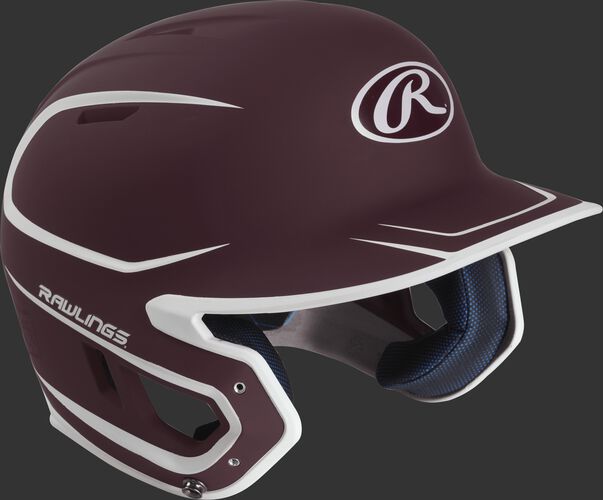 Right angle view of a matte MACH Junior batting helmet with a maroon/white shell