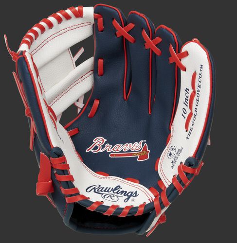 A navy/white Rawlings Atlanta Braves youth glove with the Braves logo stamped in the palm - SKU: 22000005111