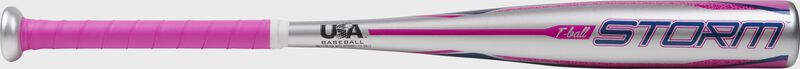 Barrel of a silver TBZS12 Rawlings 2020 Storm T-ball bat with pink and navy accents