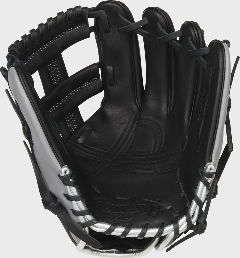 Palm of a black Rawlings Encore infield glove with black laces - SKU: EC1125-20B