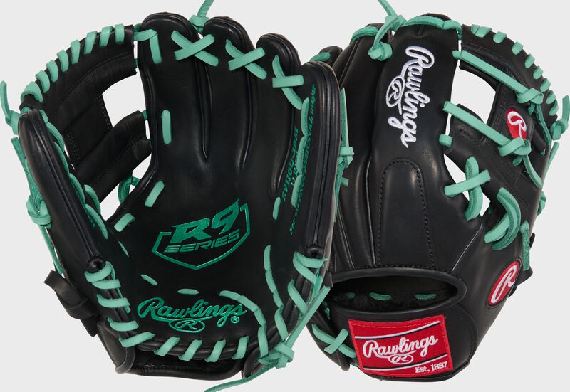 Two images showing the palm & back of a black/mint Rawlings R9 ContoUR 11-Inch Infield Glove loading=