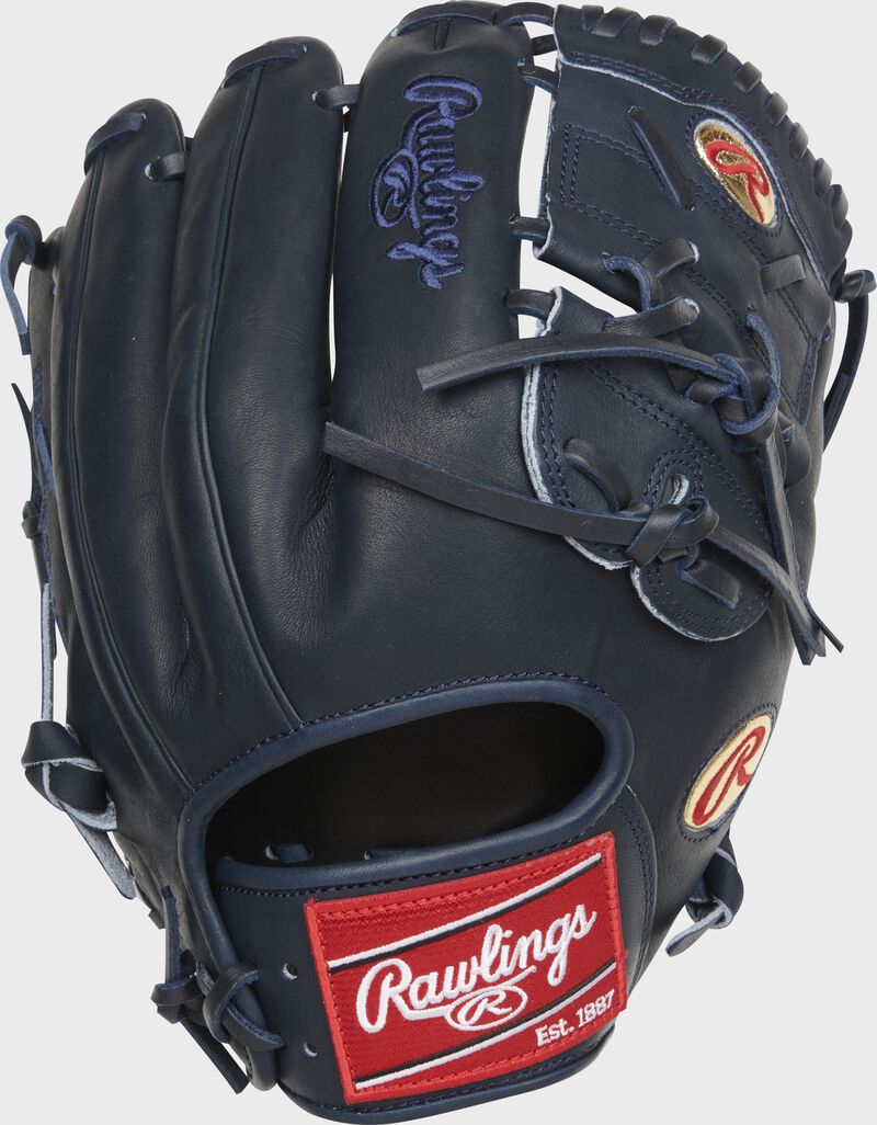 Navy back of a Heart of the Hide 12.25" Max Fried glove with a red Rawlings patch - SKU: RSGPRO1000-MF54 loading=