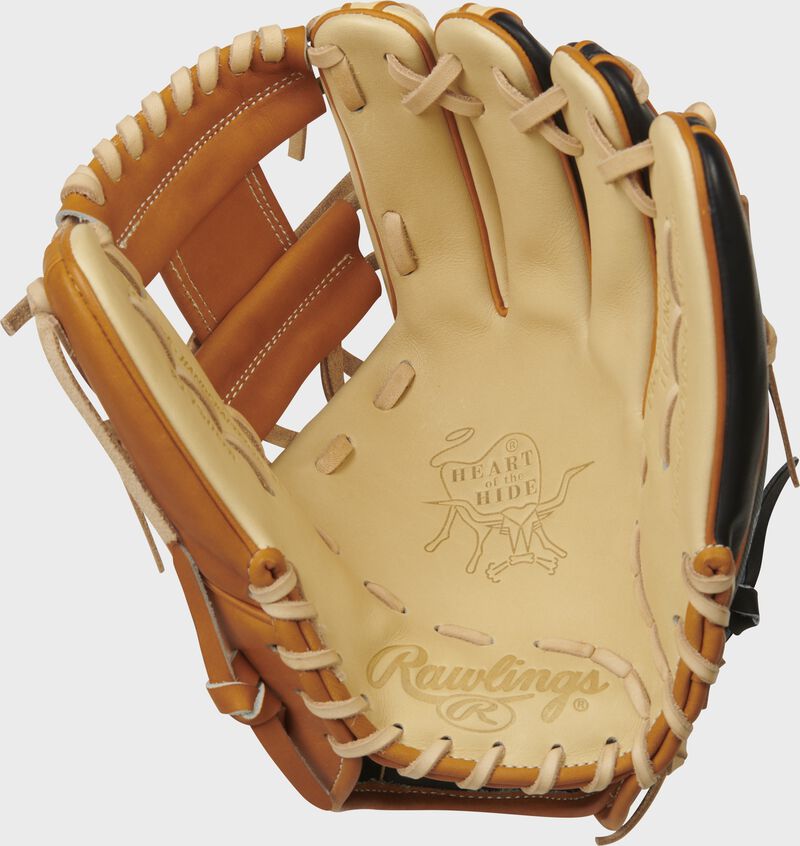 Camel palm of a Rawlings Pro Label 6 glove with camel laces - SKU: PRO934-2CTB