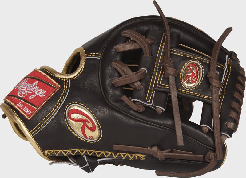Thumb view of a mocha RGG314-2MO Gold Glove 11.5-inch infield glove with a mocha I web and gold Oval R logo