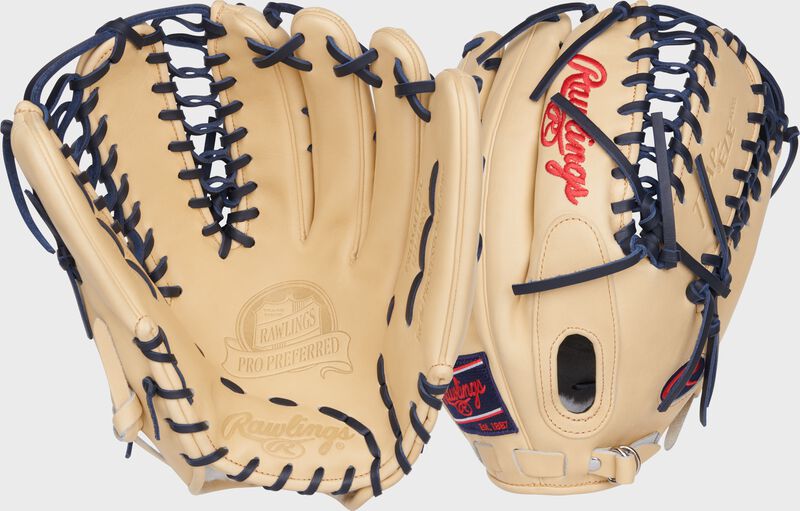 2 images showing the palm & back of a Mike Trout Pro Preferred outfield glove