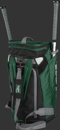 Left angle of a dark green R601 Rawlings Hybrid players bag with two bats