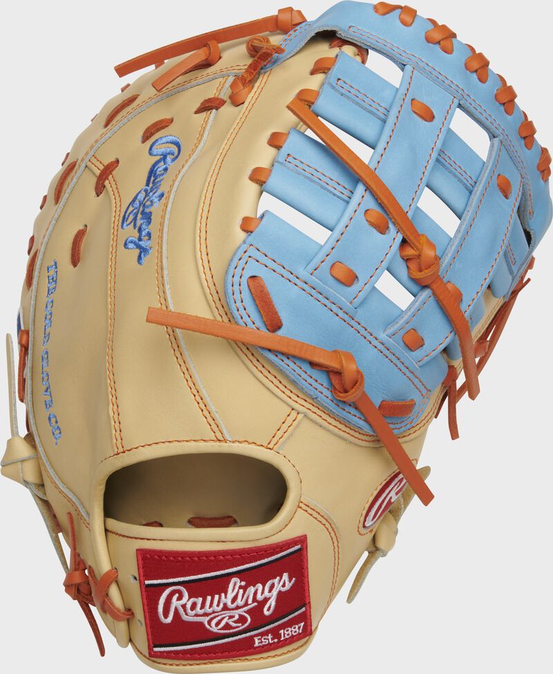 Back of a camel Heart of the Hide Pete Alonso first base mitt with a red Rawlings patch - SKU: PROFM18-PA20
