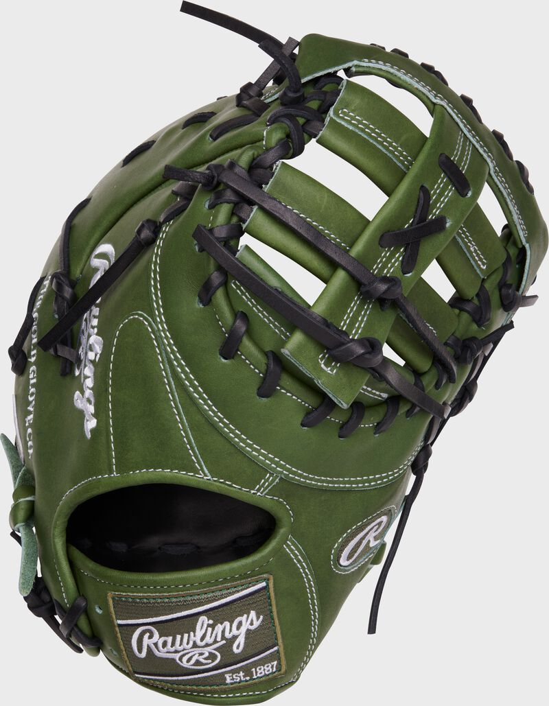 Back of a 13" Heart of the Hide military green 1st base mitt with a dark green Rawlings patch - SKU: PRODCTMG
