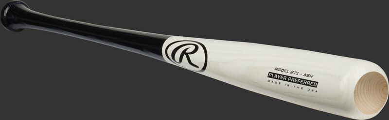 Angled view of a white/black Ash Player Preferred bat with a cupped end - SKU: 271RAB