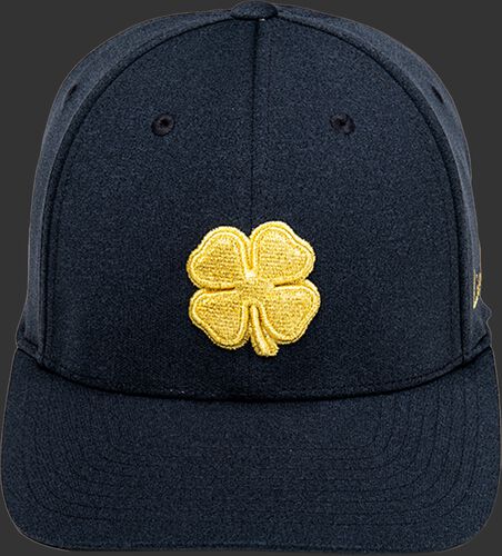 Front of a black Rawlings Black Clover Gold Glove hat with a gold clover leaf - SKU: BCR1GG0571