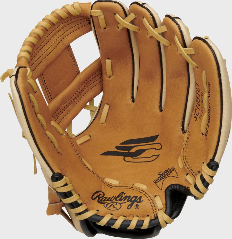 Tan palm of a Rawlings Sure Catch youth glove with black stamping and Sure Catch notch in the heel - SKU: SC105TCI loading=