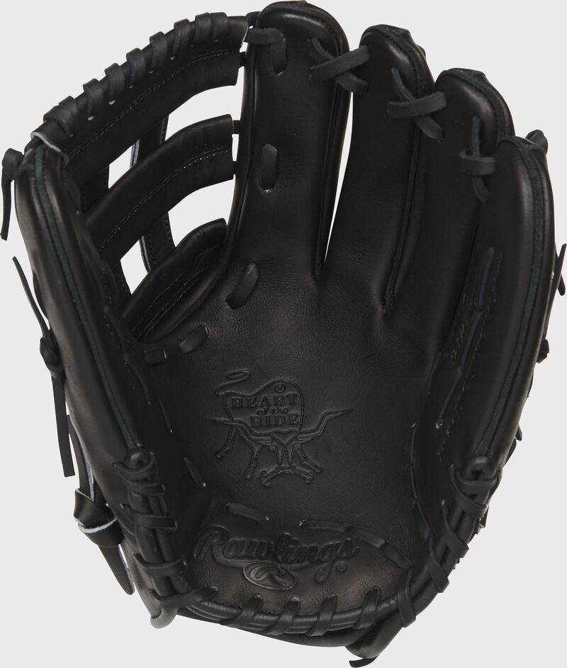 Black palm of a Rawlings Heart of the Hide infield glove with black laces - SKU: RSGPRO10006JBPRO