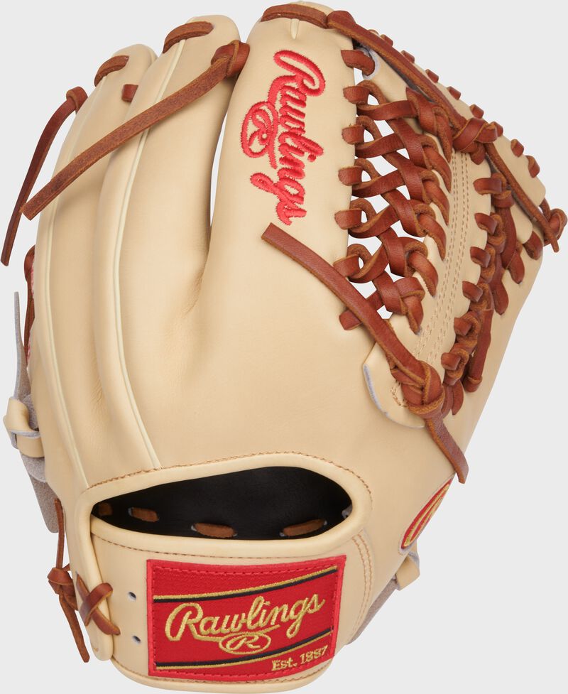 Camel back of a Heart of the Hide 11.75" Modified Trap-Eze Web glove with a red Rawlings patch
