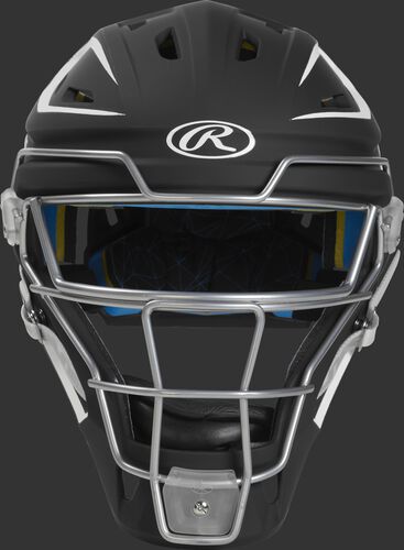 Front of a black/white CHMCHS Mach hockey-style senior catcher's helmet