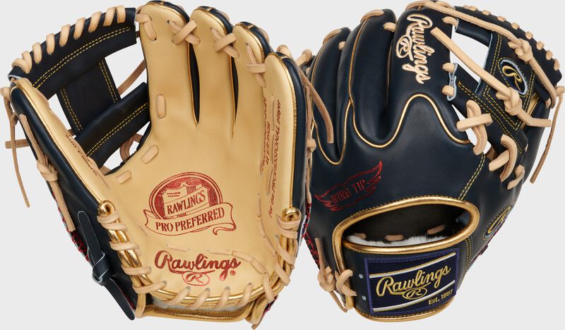 2 views showing the palm/back of a camel/navy Rawlings Pro Preferred 11.5" Wing Tip infield glove - SKU: PROS204W-2CN loading=