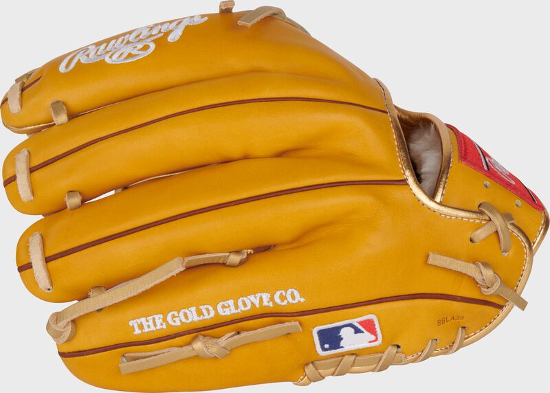 Tan back of a Gameday 57 Shane Bieber Pro Preferred glove with the MLB logo on the pinky