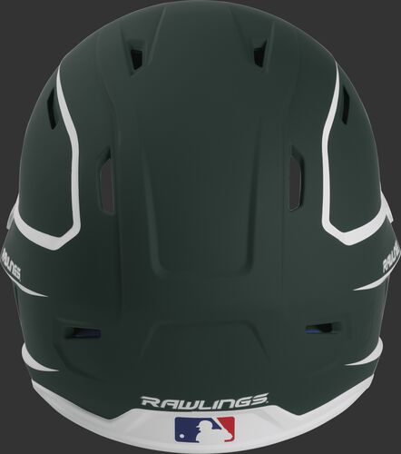 Back of a dark green/white MACH high performance senior helmet with the Official Batting Helmet of MLB logo