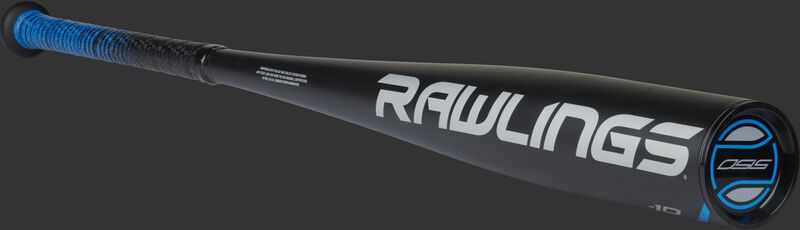 White Rawlings logo on the barrel of a black 5150 youth baseball bat with a black end cap - SKU: US15