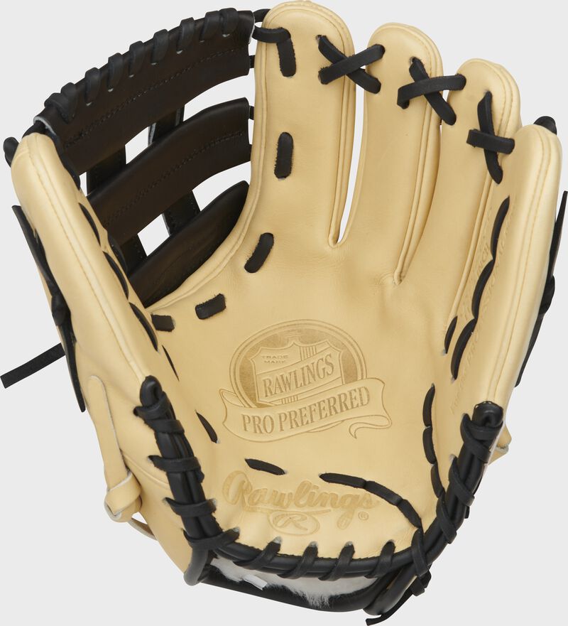 Camel palm of a G57 Series Brandon Crawford glove with a black and laces - SKU: PROS204-BC35