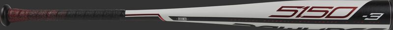 Barrel view of a BB953 5150 College/high school one-piece alloy bat with a white barrel and black/red accents