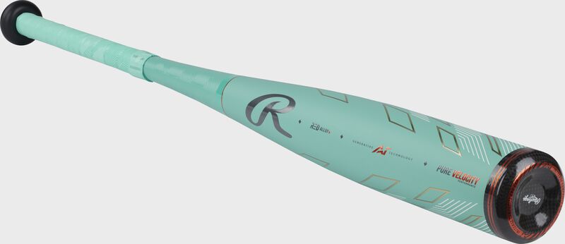 Front angle of a mint Rawlings Mach AI -10-USSSA bat with a black end cap - SKU: RUT4MC
