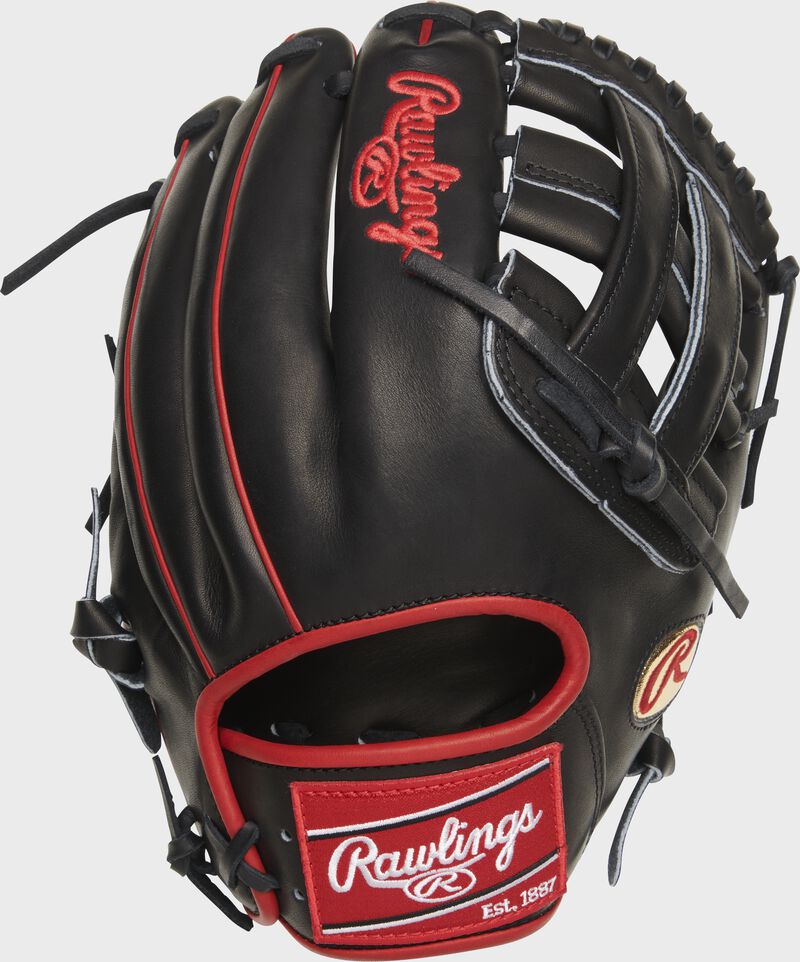 Back of a black Isiah Kiner-Falefa Heart of the Hide infield glove with a black H-web and red Rawlings patch - SKU: RSGPRO205-IKF9