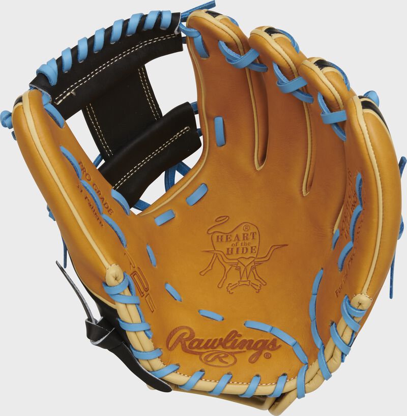 Tan palm of a Rawlings Heart of the Hide R2G infield glove with Columbia blue laces - SKU: PROR315-2TB loading=