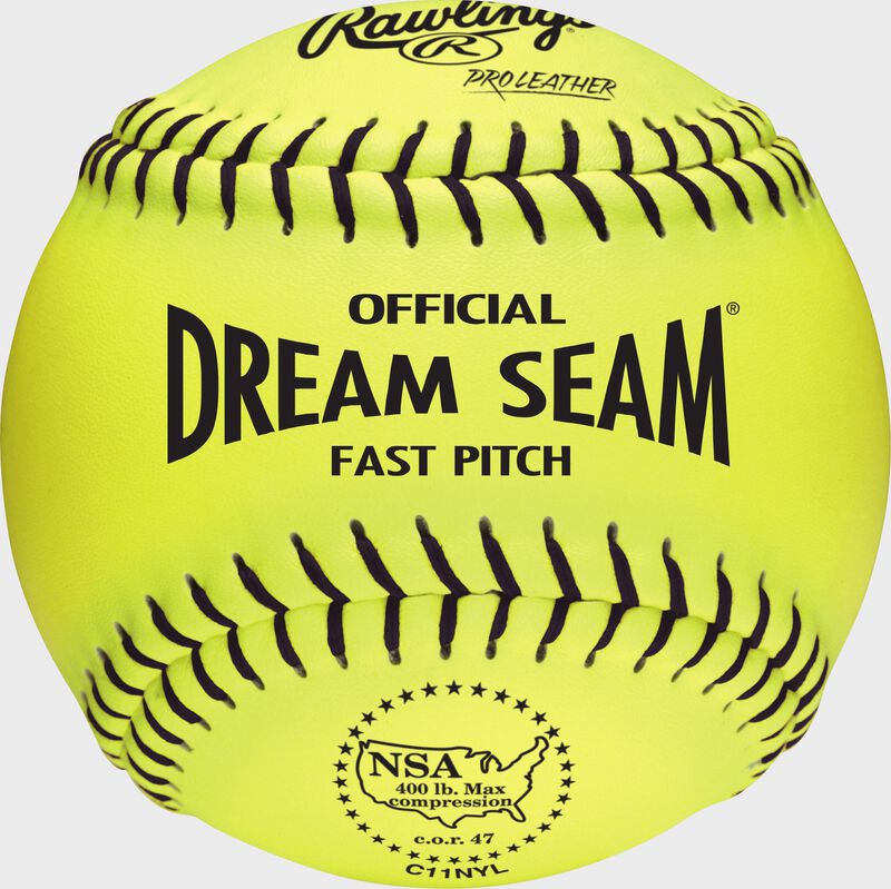 A yellow C11NYL NSA official 11-inch Dream Seam softball with blue stitching