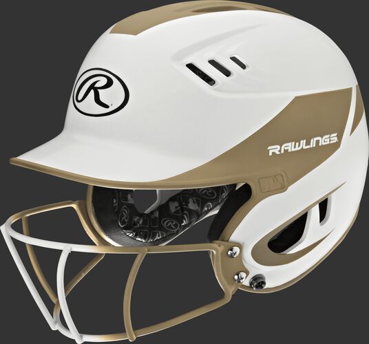 A white/vegas gold R16H2FGS Velo junior batting helmet with a white/vegas gold facemask